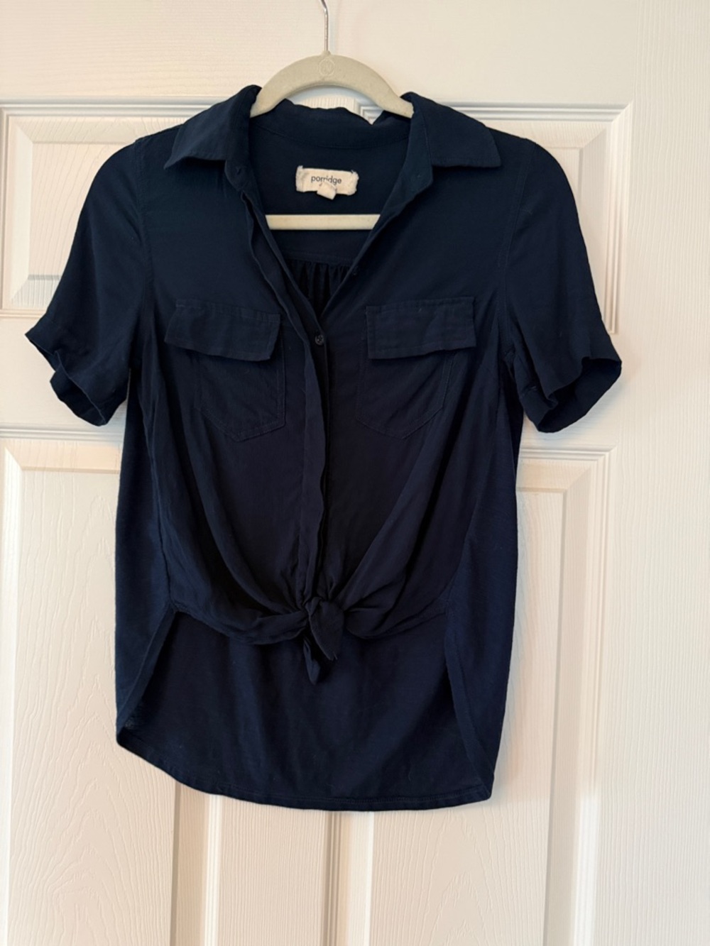 Anthropologie brand Porridge Navy Short-Sleeve Tie-Front Button-Down Shirt